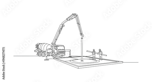 Pouring Concrete Slab. Minimalistic one-line drawing concrete pumped into slab with operators, continuous single black line on white background, simple outline