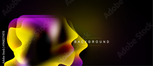 Abstract fluid shapes, vibrant colors blend. Yellow, purple hues dominate dark background. Modern design element.