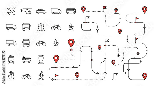 Collection of transportation and navigation icons representing various modes of travel and route planning on a white background