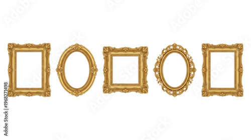 Collection of ornate golden picture frames in various shapes and sizes on a white background
