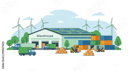 Green Logistics Warehouse powered by Solar Panels and Wind Turbines, illustrating Sustainable Supply Chain and Eco-Friendly Freight Distribution Operations