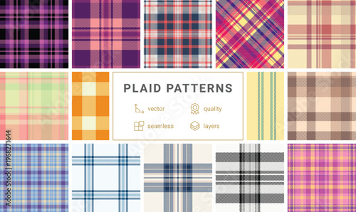 Luxury textile plaid collection scarves decor. Sophisticated tartan rhythm enhances materials. Vector detail preserves quality.