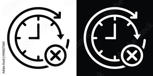 Time failure or cancellation icon showing a clock with a circular arrow and an "X" mark. Ideal for representing missed deadlines, expired time, or cancelled recurring appointments.