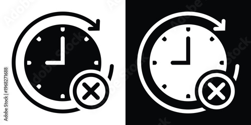 Time failure or cancellation icon showing a clock with a circular arrow and an "X" mark. Ideal for representing missed deadlines, expired time, or cancelled recurring appointments.