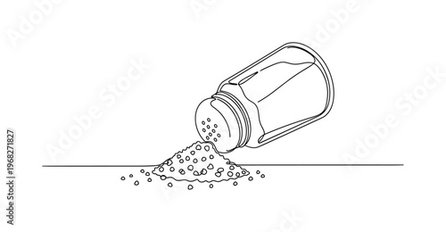 Shaker Accident. Minimalistic one-line drawing salt shaker tipped and spilling, continuous single black line on white background, simple outline style, no