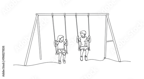 Sibling Bond. Minimalistic one-line drawing brother and sister swinging on playground, continuous single black line on white background, simple outline style,