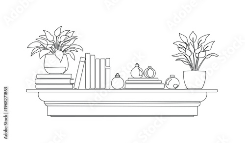 Elegant Mantel Display. Minimalistic one-line drawing objects arranged on mantelpiece including books, plants, and small ornaments, continuous single black