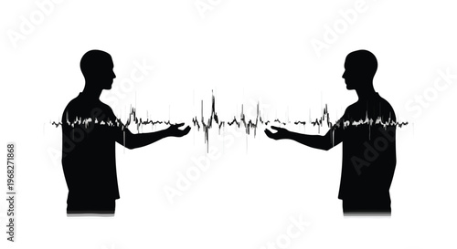 silhouettes of two men communicating with ecg heartbeat line