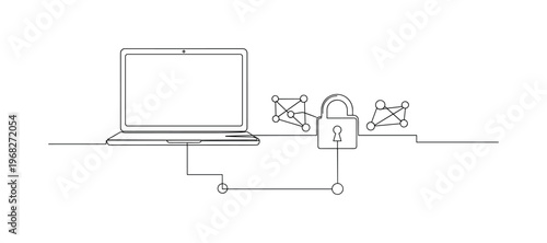 Virtual Private Network. Minimalistic one-line drawing laptop connected securely with padlock and network lines, continuous single black line on