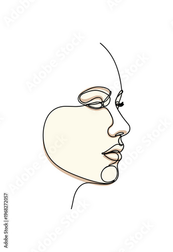 Vintage Sepia Portrait. Minimalistic one-line drawing side profile of human face with sepia suggestion, continuous single black line on white background,