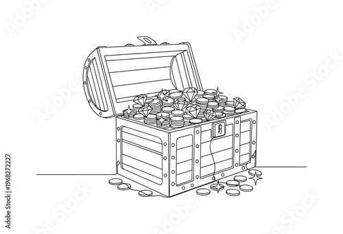 Chest of Treasure. Minimalistic one-line drawing open wooden chest overflowing with gold and jewels, continuous single black line on white background, simple