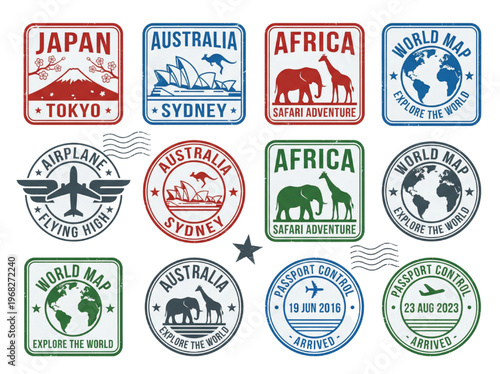 Collection of travel stamps for various global destinations including Tokyo, Sydney, and Africa, with passport control and airplane motifs