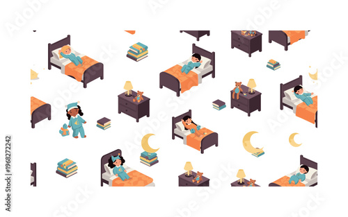 putting kids to bed seamless pattern, repeating pattern, surface design, textile print, modern illustration of children in pajamas, beds, blankets,