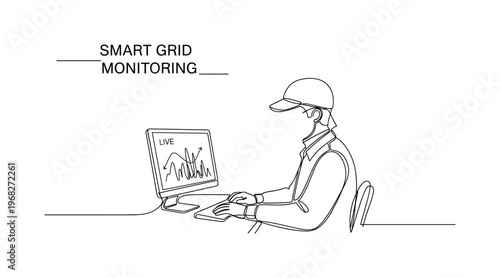 Smart Grid Monitoring. Minimalistic one-line drawing technician viewing live energy data on computer, continuous single black line on white background, simple