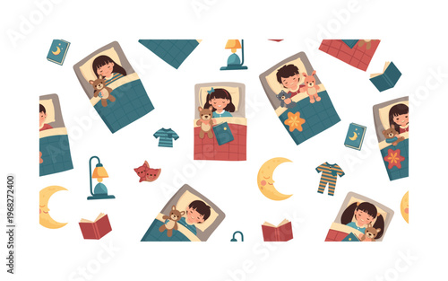 nighttime motifs seamless pattern, repeating pattern, surface design, textile print, modern illustration of children tucked in bed, holding stuffed animals,