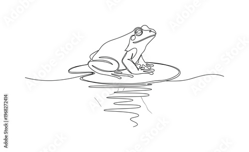 Lily Pad Perch. Minimalistic one-line drawing frog calmly perched on pad with water reflections, continuous single black line on white background, simple