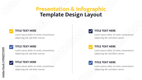 Business presentation slide layout with multiple title and text boxes