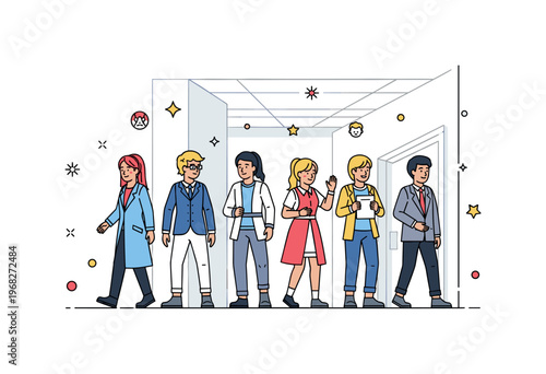 Group cosplay themed hallway scene where cosplayers walk together in a convention space while tiny sparkle and star icons emphasize energy, collaboration, and