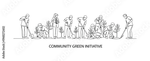 Community Green Initiative. Minimalistic one-line drawing group digging holes and placing trees outdoors, continuous single black line on white background,