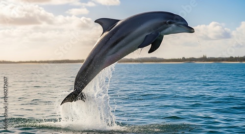 A magnificent dolphin leaps gracefully from the ocean, showcasing its agility and power under a bright sky.
