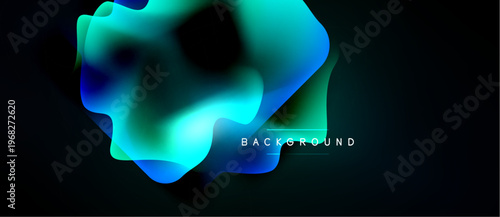 Abstract fluid shapes, vibrant turquoise hues blend into deep blues. Dark background emphasizes flowing forms, modern design element.