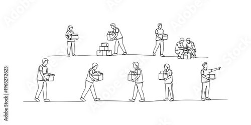 Global Aid Scene. Minimalistic one-line drawing people working together to distribute international aid, continuous single black line on white background,