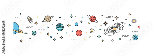 Infinite space cosmic scene where stars, planets, and galaxies stretch endlessly while small sparkle and star icons emphasize vastness, wonder, and