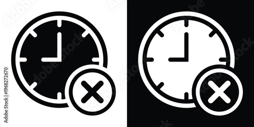 Clean vector icon of a clock with a cross mark badge. Used to signify late tasks, time errors, rejected schedules, or unavailable time slots in a professional UI style.