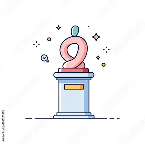Sculpture pedestal display concept where a small abstract figure rests on a podium while tiny sparkle and star icons highlight elegance, focus, and artistic