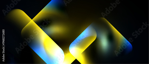 Abstract shapes overlap, creating luminous gradients. Yellows, blues blend against dark background. Modern design element.