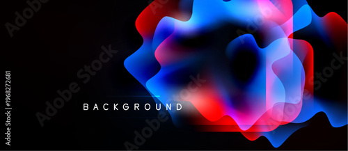 Abstract fluid shapes blend, creating vibrant color gradients on black background. Dynamic composition suggests movement, energy.