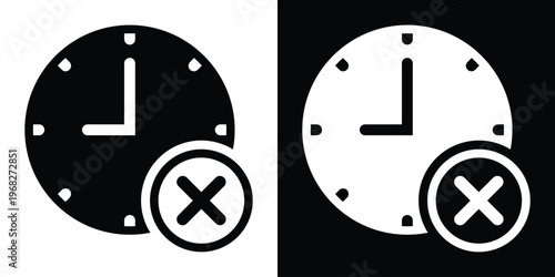 Clean vector icon of a clock with a cross mark badge. Used to signify late tasks, time errors, rejected schedules, or unavailable time slots in a professional UI style.