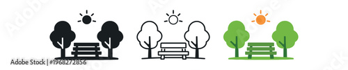 Park bench with trees and sun icon set. outdoor, nature, relaxation, picnic, landscape, recreation. line, flat and colored vector icon set.