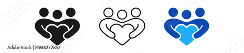 Group hugging heart icon set. community, care, love, support, family, unity. line, flat and colored vector icon set.