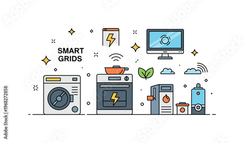 Smart grids smart home energy concept where appliances and devices are controlled digitally while tiny sparkle and star icons highlight efficiency,