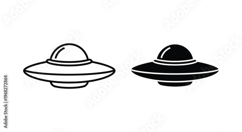 Two black ufo illustrations with distinct styles a bold silhouette