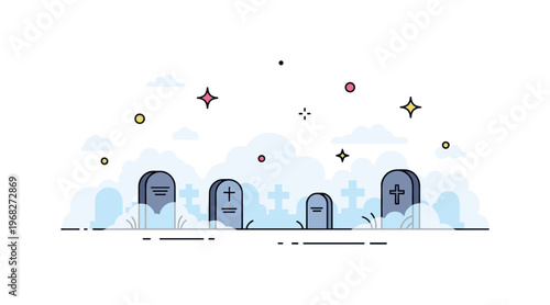 Foggy graveyard eerie scene where tombstones peek through a soft mist while small sparkle and star icons emphasize mystery, atmosphere, and quiet solitude. The