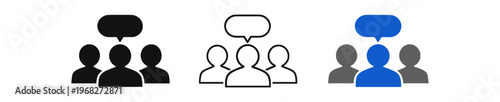 Group discussion icon set. team, audience, community, meeting, conversation, speech bubble, forum. people, crowd, communication, collaboration, support. line, flat and colored vector icon set.