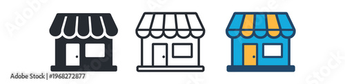Shop storefront icon set. store, retail, boutique, market, awning, sales, small business. outline flat and colored vector illustration.