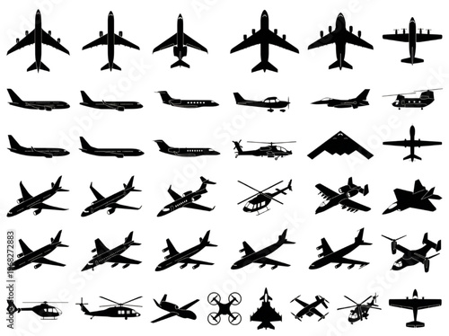 Diverse collection of aircraft silhouettes, encompassing various aviation vehicles from commercial to military, ideal for transportation and aerospace design concepts