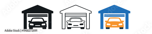 Garage car icon set. parking, vehicle, automobile, shelter, driveway, parking space, private garage. outline flat and colored vector illustration.