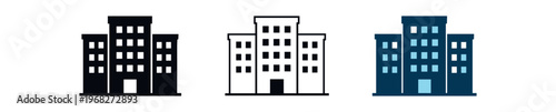 Apartment building icon set. residential complex, condominium, real estate, flats, urban housing, multi-storey. outline flat and colored vector illustration.
