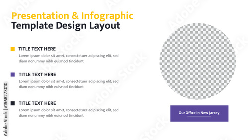 Clean infographic presentation layout with text and a circular image placeholder