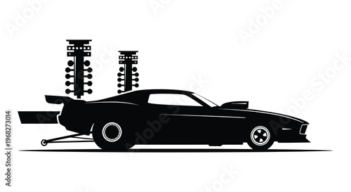 Drag racing car and christmas tree in stark black silhouette