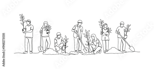 Community Tree Planting. Minimalistic one-line drawing volunteers holding saplings and shovels, continuous single black line on white background, simple