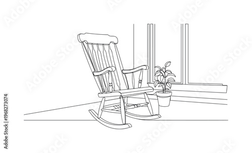 Cozy Wooden Rocker. Minimalistic one-line drawing wooden rocking chair in home setting, continuous single black line on white background, simple outline style,