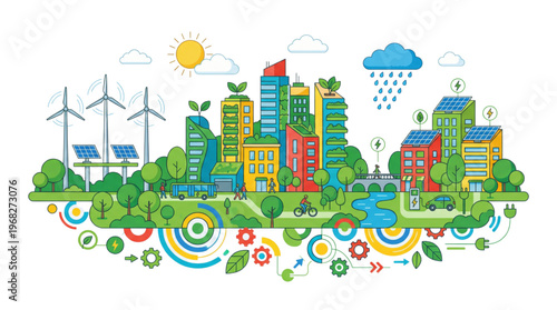 Vibrant illustration of a futuristic sustainable city with renewable energy sources and lush greenery promoting eco-friendly living and a healthy environment