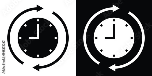 Minimalist clock icon with circular arrows indicating refresh, history, or update. Vector line art in black and white versions, perfect for time management and process tracking concepts.