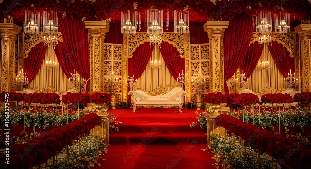 Fototapeta premium Luxurious wedding stage decoration with red drapes, golden pillars, and roses