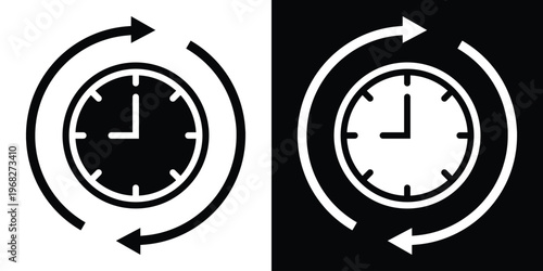 Minimalist clock icon with circular arrows indicating refresh, history, or update. Vector line art in black and white versions, perfect for time management and process tracking concepts.